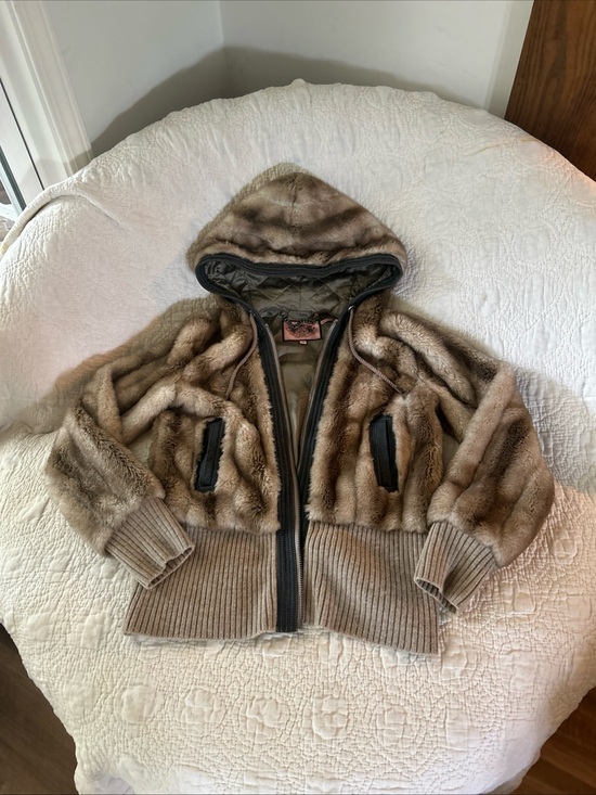 Juicy Couture Jackets & Blazers - Juicy Couture Medium Cropped Hooded Faux Fur Zip Jacket in Taupe